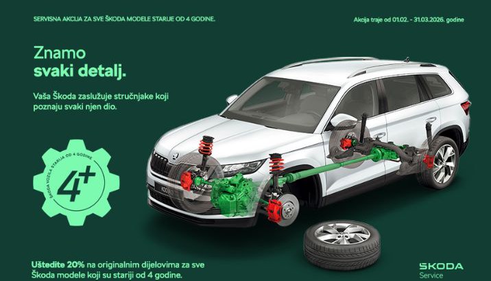 Od 1. februara do 31. marta, iskoristite 20% popusta na originalnim dijelovima uz ugradnju u ovlaštenom servisu za sva vozila starija od četiri godine. Popust se može ostvariti na kompletne pakete.   Dostupni servisni paketi:  Paket sigurnost: Set prednjih disk pločica + prednji diskovi + ugradnja (uključeno kočiono ulje)  Paket sigurnost+: Set zadnjih disk pločica + zadnji diskovi + ugradnja (uključeno kočiono ulje)  Paket udobnost: Set prednjih ili zadnjih amortizera  Paket udobnost+: Ležaj točka  Paket snaga: Zupčasti remen (set) + vodena pumpa + zatezni španer  Paket 4 Motion: Zamjena ulja (po potrebi filter) u stražnjem pogonskom sklopu  Paket kvačilo: Kvačilo, set + zamajac  Paket start: Originalno ulje + uljni filter  Paket start+: Originalno ulje + svi filteri  Paket start++: Originalno ulje i filter za automatski mjenjač  Manžeta homokinetičkog zgloba: Unutrašnja ili vanjska manžeta homokinetičkog zgloba + homokinetički zglob  Paket ekologija: Pojedinačne komponente izduvnog sistema - uključujući katalizator ili DPF  Paket ekologija+: EGR ventil sa hladnjakom